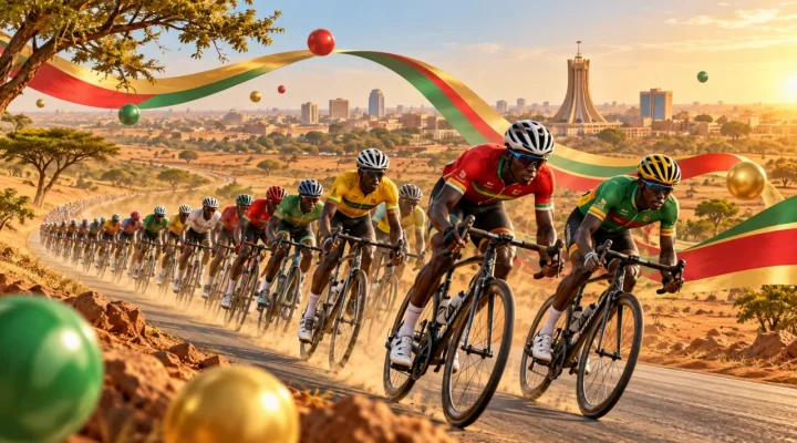 Road cyclists racing through a sunlit Burkina Faso landscape