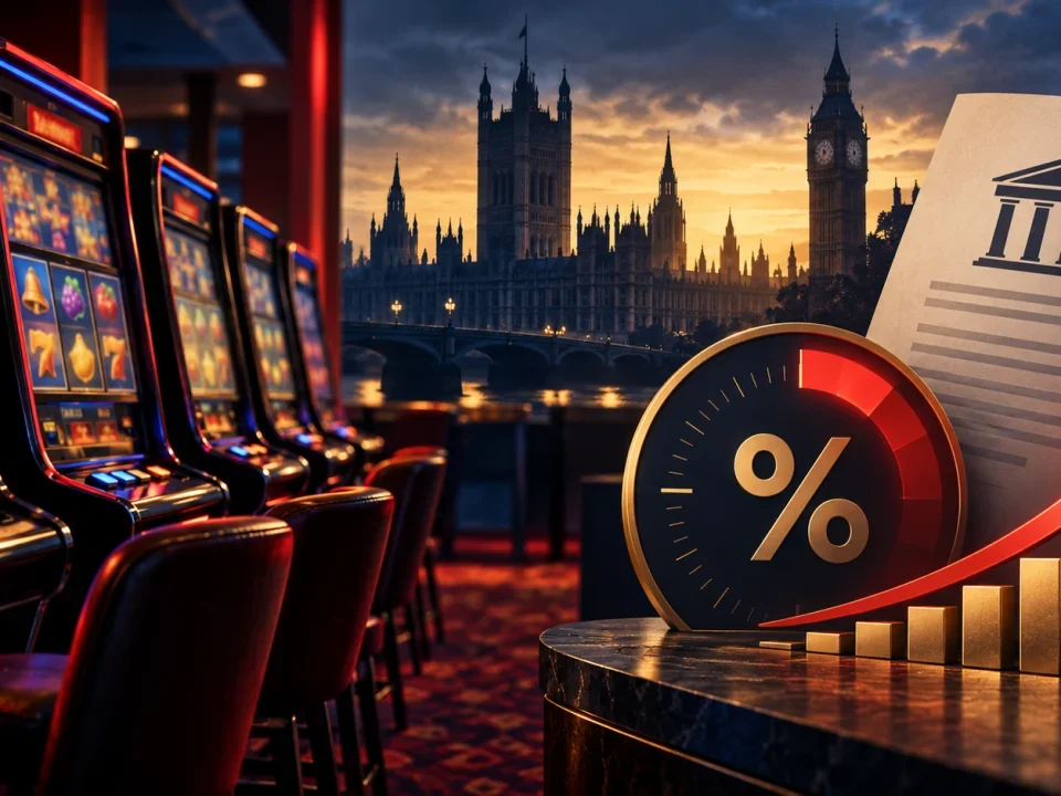 Conceptual gaming machines beside UK government architecture and a rising duty gauge