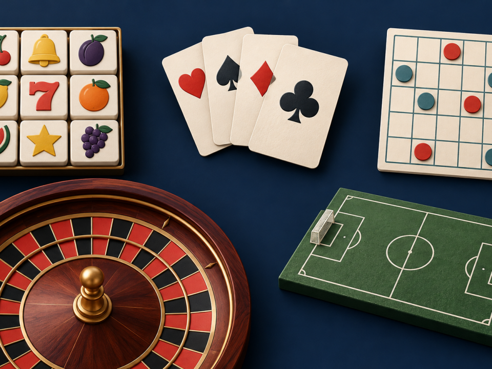 Conceptual arrangement of slot symbols, playing cards, a bingo grid, a roulette wheel and a miniature sports field on a navy background.