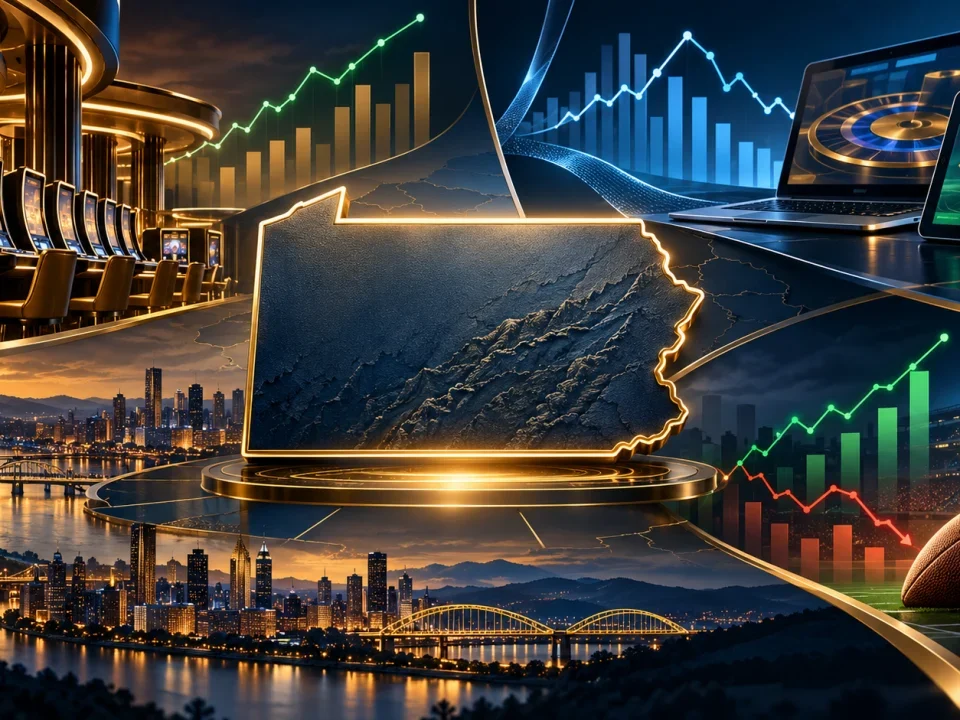 Contorno de Pensilvania rodeado de graficos sobre casino fisico, juego en linea y apuestas deportivas