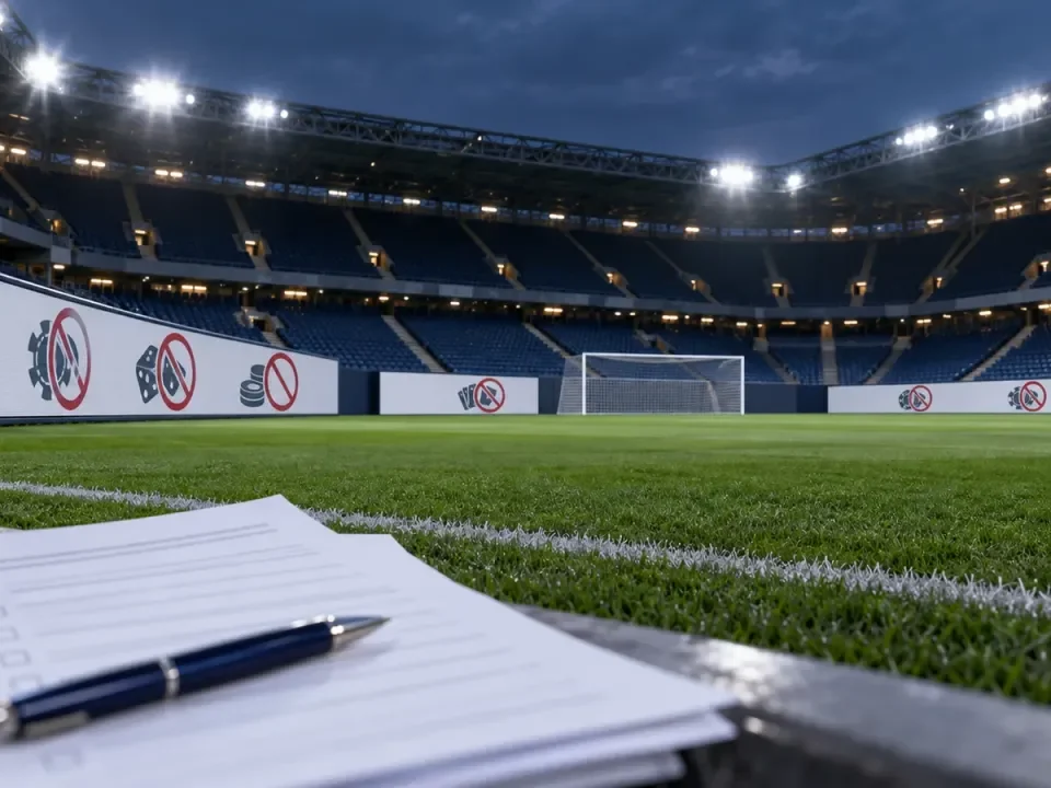Empty football stadium with petition papers and generic no-gambling-advertising signs