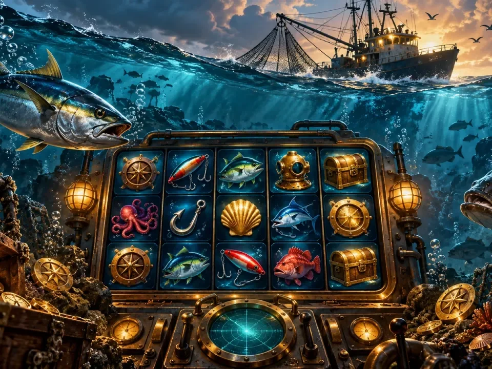 Interfaz conceptual de tragamonedas de pesca submarina con rodillos e imágenes del fondo marino