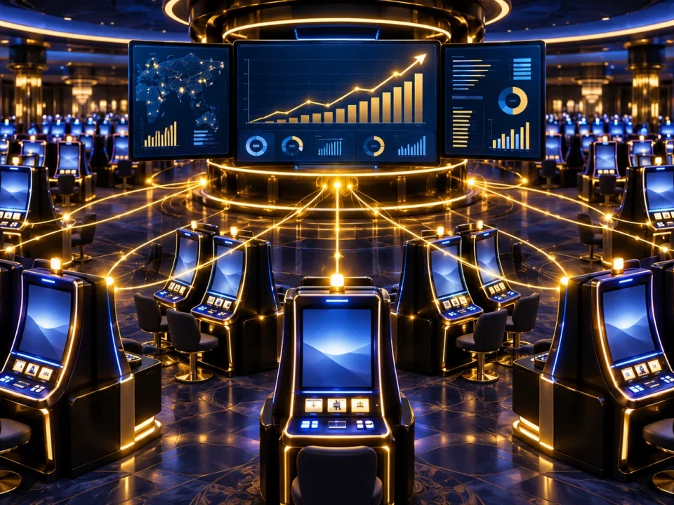 Networked slot machines linked to a rising business dashboard
