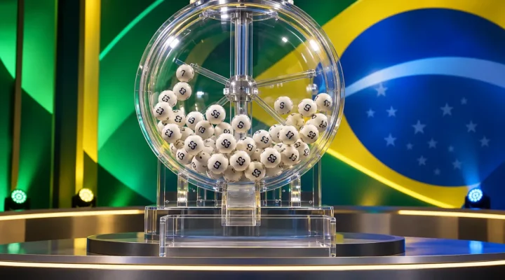 Illustration of a lottery draw machine filled with numbered balls under Brazilian-colored lighting