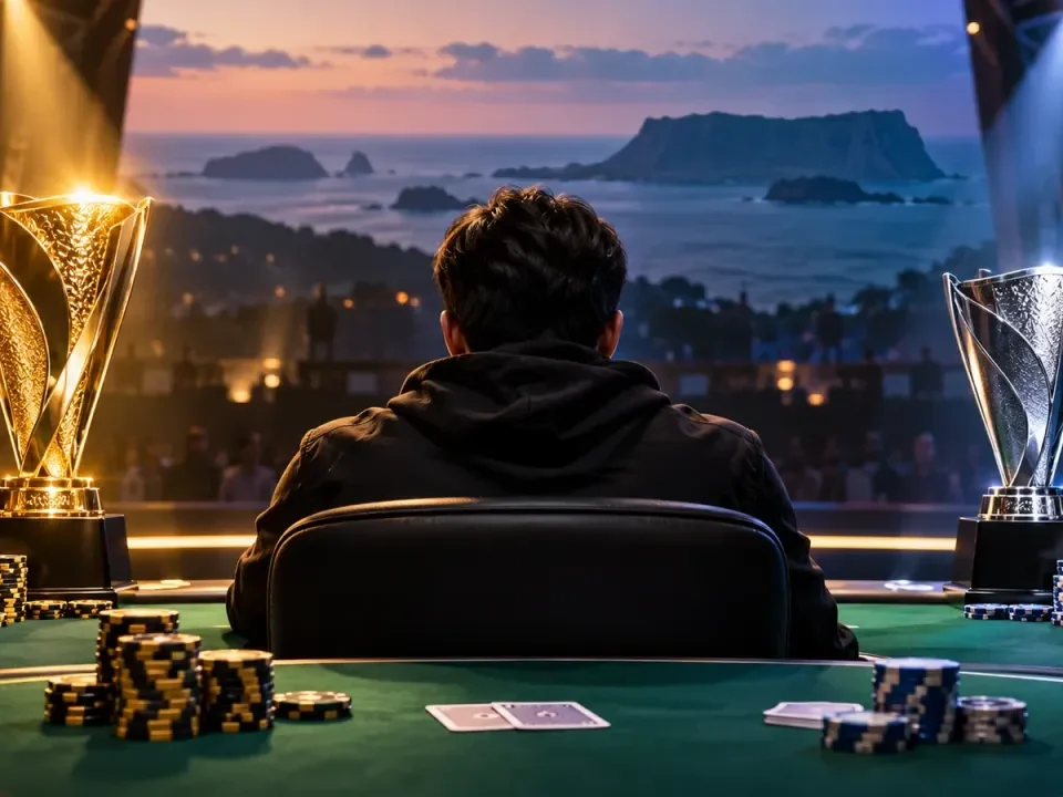 Illustration of an anonymous poker finalist seated between winner and runner-up trophies