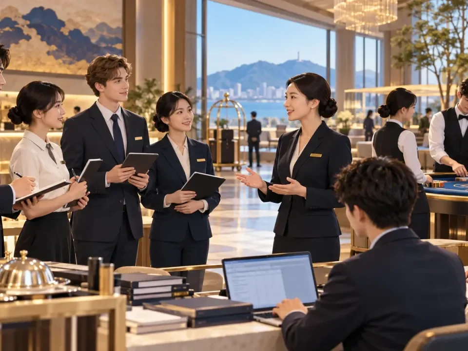 Young hospitality interns attend orientation inside a modern integrated resort