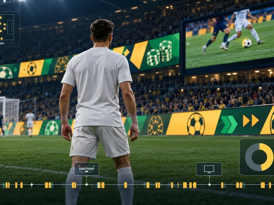 Unbranded footballer facing a stadium filled with abstract betting-style advertising panels and exposure charts