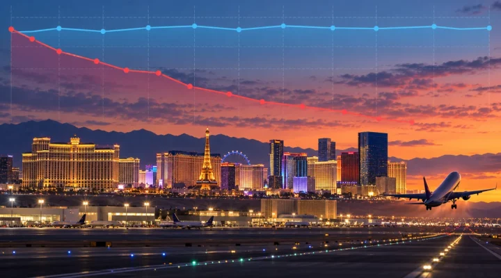 Las Vegas skyline and airport runway beneath flat gaming and falling passenger charts