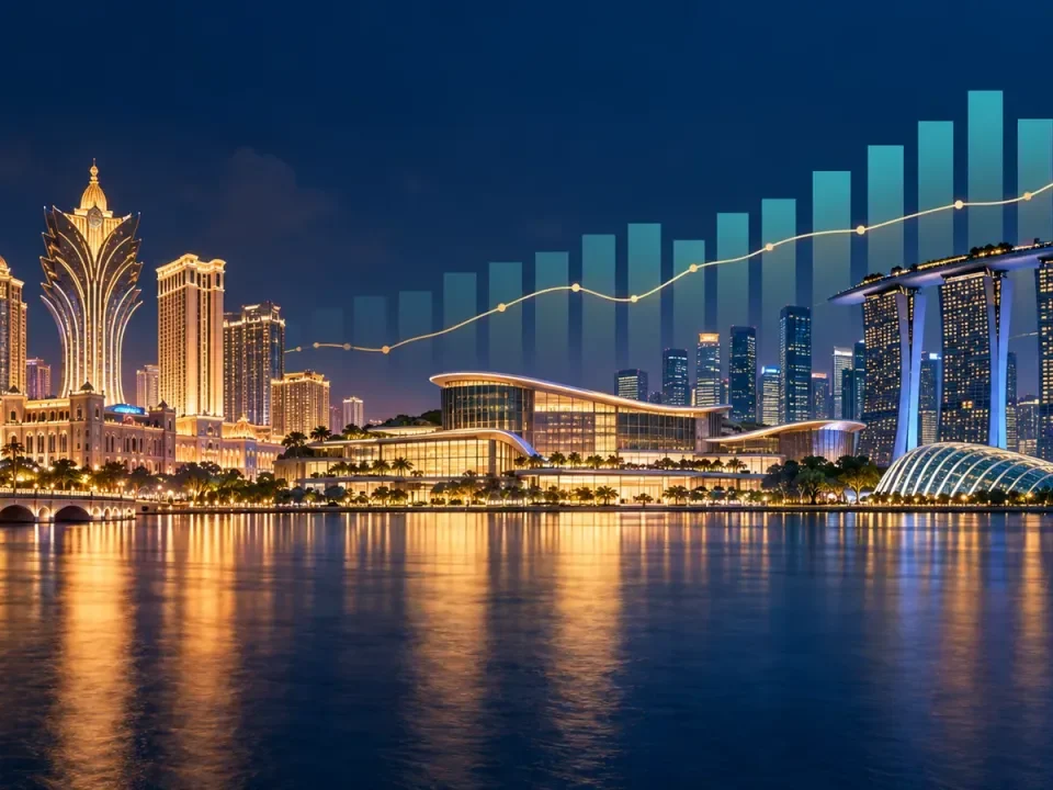 Illustration of Macau and Singapore resort skylines with an abstract earnings chart
