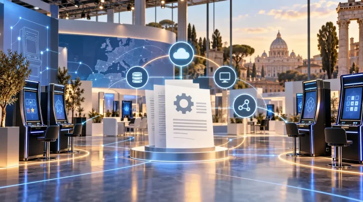 Conceptual Rome exhibition hall with connected gaming systems and technical standards documents
