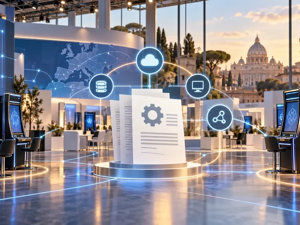 Conceptual Rome exhibition hall with connected gaming systems and technical standards documents