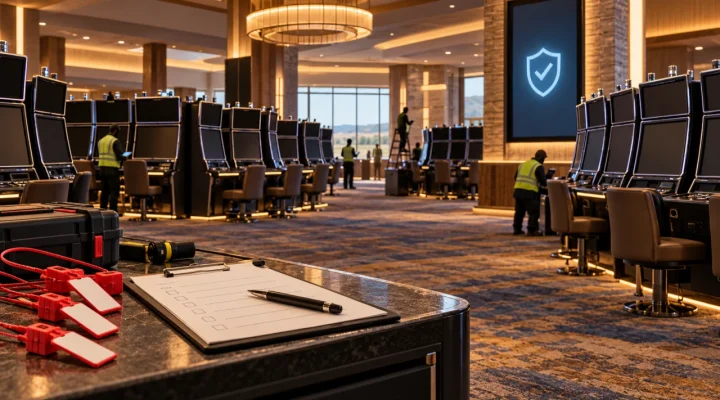 Inspectors checking powered-off gaming machines on a new casino floor before opening