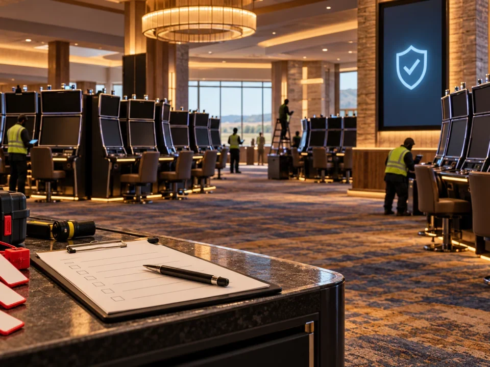 Inspectors checking powered-off gaming machines on a new casino floor before opening
