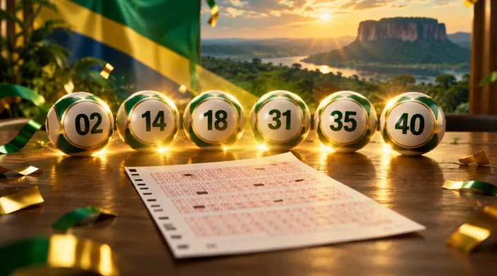 Six lottery balls numbered 02, 14, 18, 31, 35 and 40 beside a ticket