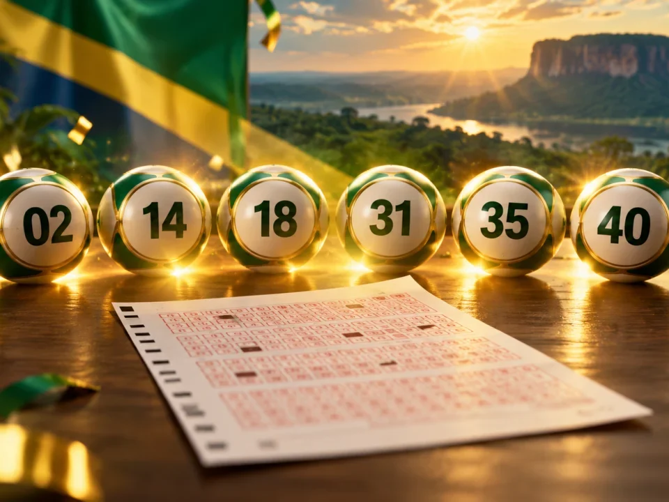 Six lottery balls numbered 02, 14, 18, 31, 35 and 40 beside a ticket