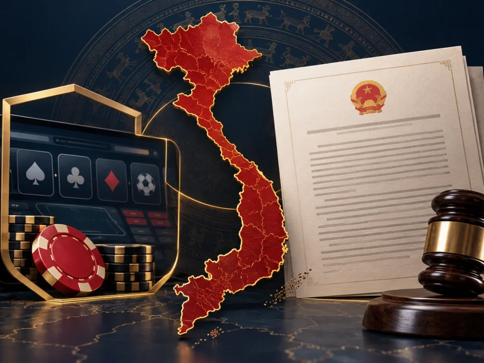 Editorial illustration of Vietnam beside a regulatory document, gavel and digital betting interface