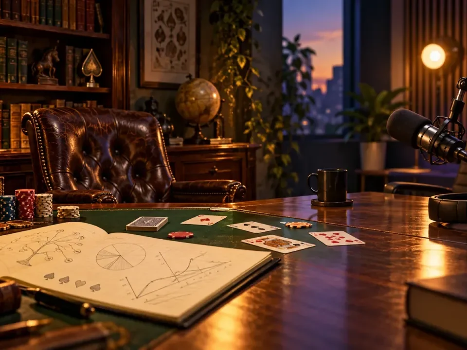 Generated illustration of a vintage poker study opening into a modern podcast studio