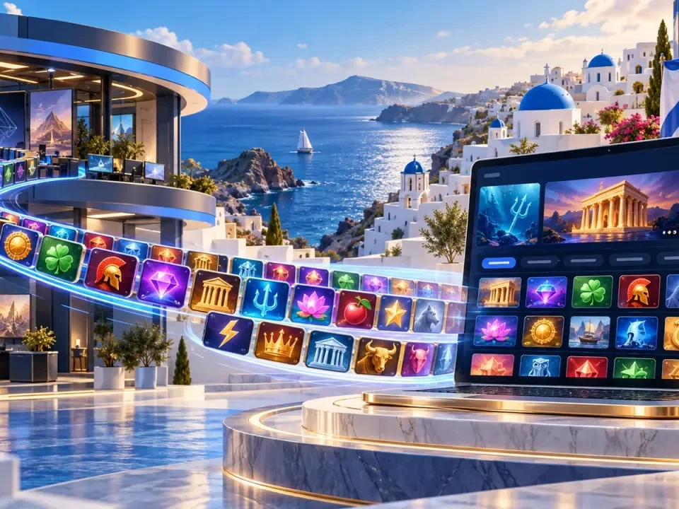 Illustration of casino game tiles flowing from a studio into an online platform against a Greek coastal backdrop