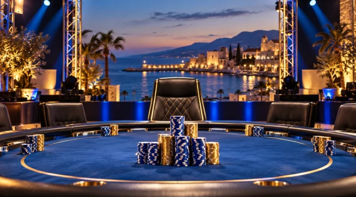 Winner's poker chips stacked at an empty final table with a Mediterranean venue behind