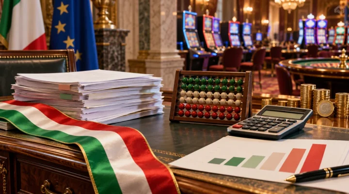 Documentos presupuestarios italianos, calculadora y local de juego en una ilustración financiera