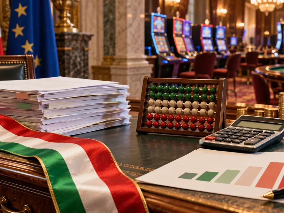 Documentos presupuestarios italianos, calculadora y local de juego en una ilustración financiera