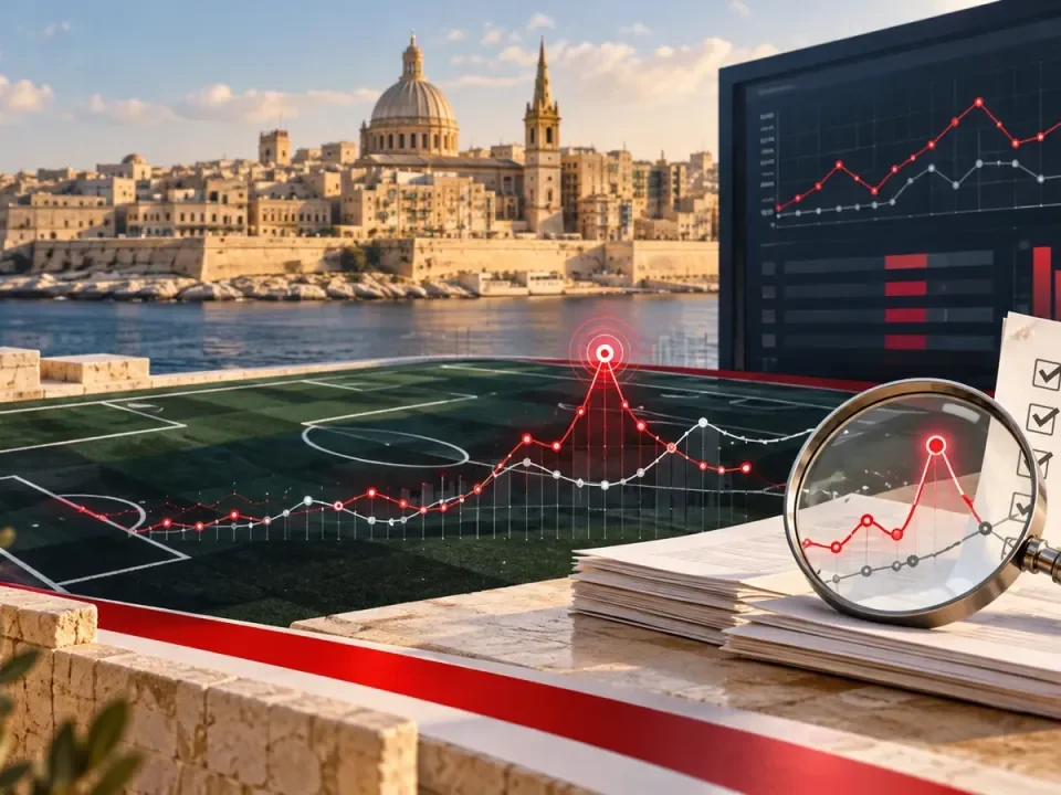 Ilustración generada de la vigilancia de anomalías en apuestas deportivas y una revisión de cumplimiento con vistas a Malta