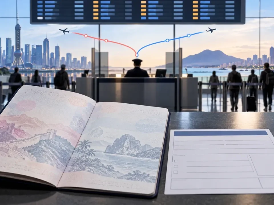Illustration of a blank passport and entry form at an airport border desk