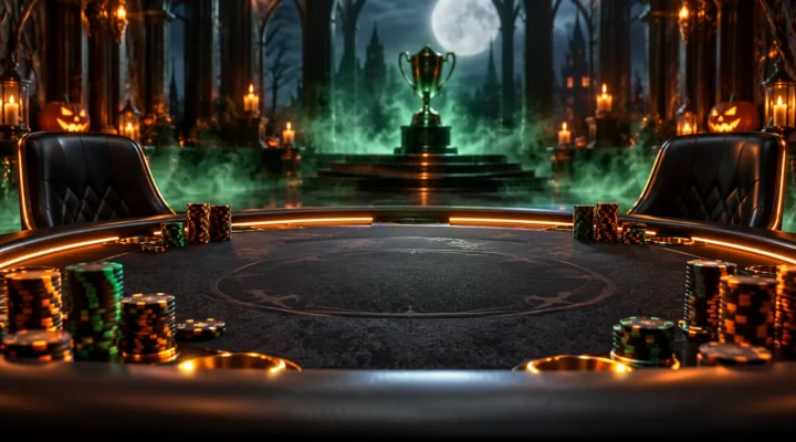 Mesa de póquer vacía con temática de Halloween, fichas de torneo y un trofeo