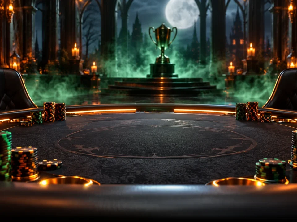 Mesa de póquer vacía con temática de Halloween, fichas de torneo y un trofeo