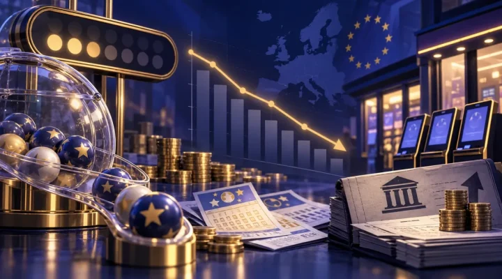 Generated European lottery scene with muted jackpot balls, a falling forecast line, retail terminals and a tax ledger