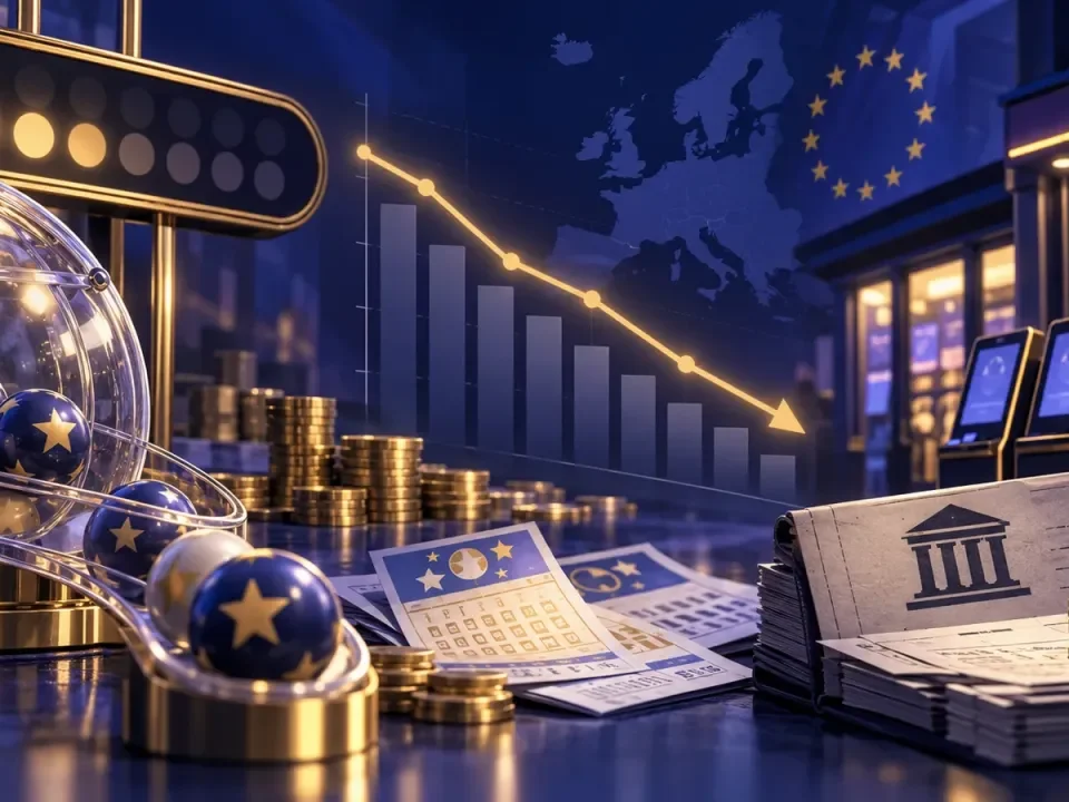 Generated European lottery scene with muted jackpot balls, a falling forecast line, retail terminals and a tax ledger