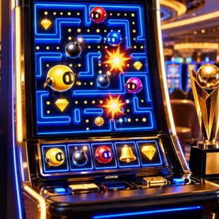 Arcade-inspired slot machine beside a gold award on a casino floor