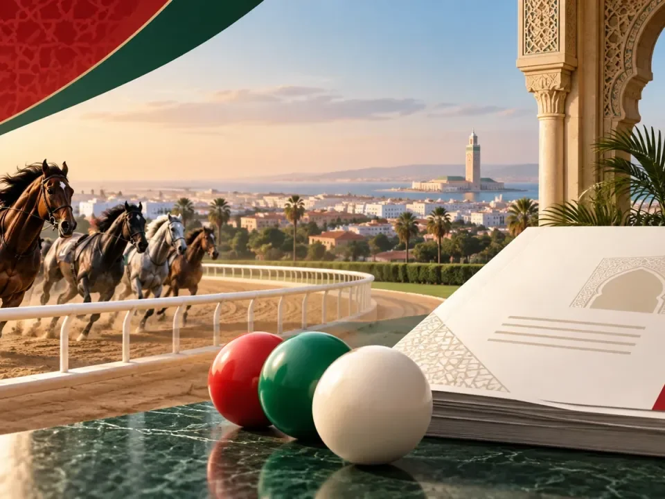 Generated illustration of a Moroccan budget document beside a horse-racing track and abstract lottery balls