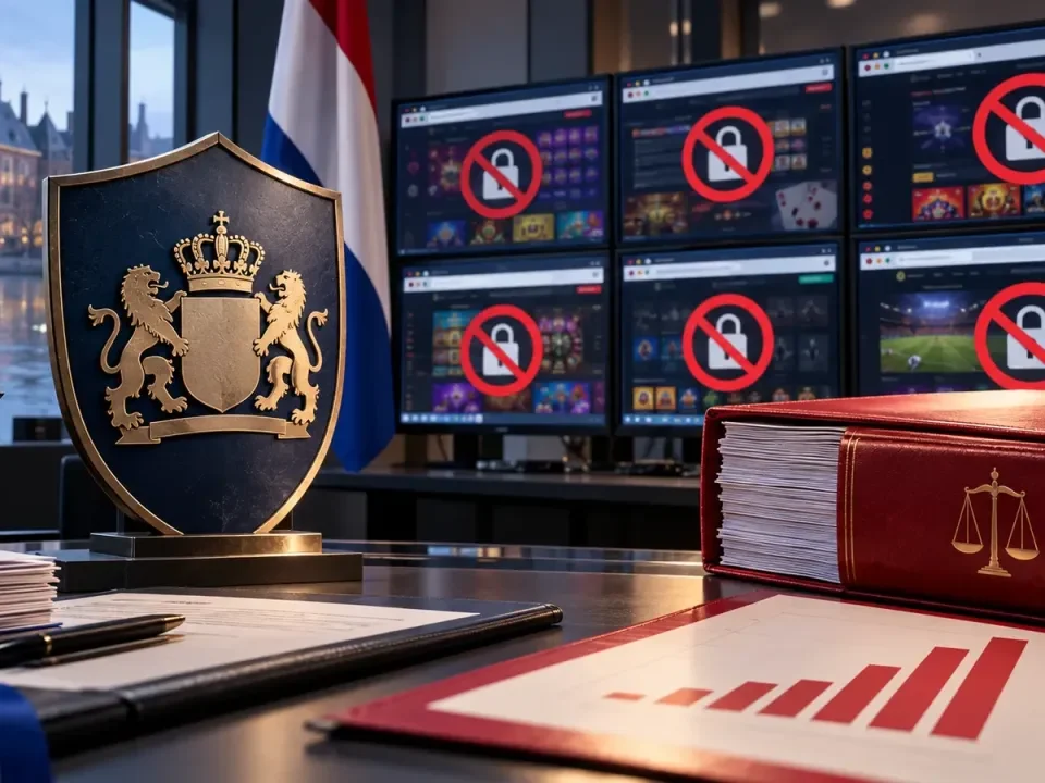 Escudo regulatorio neerlandés junto a monitores con sitios genéricos de juego bloqueados