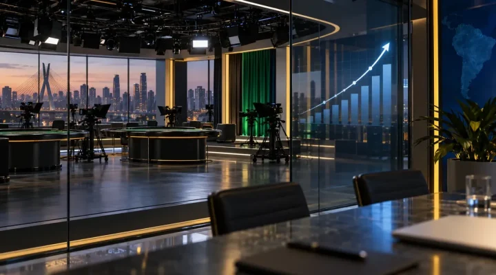 Estudio cerrado de casino en vivo en São Paulo junto a un gráfico ascendente de resultados