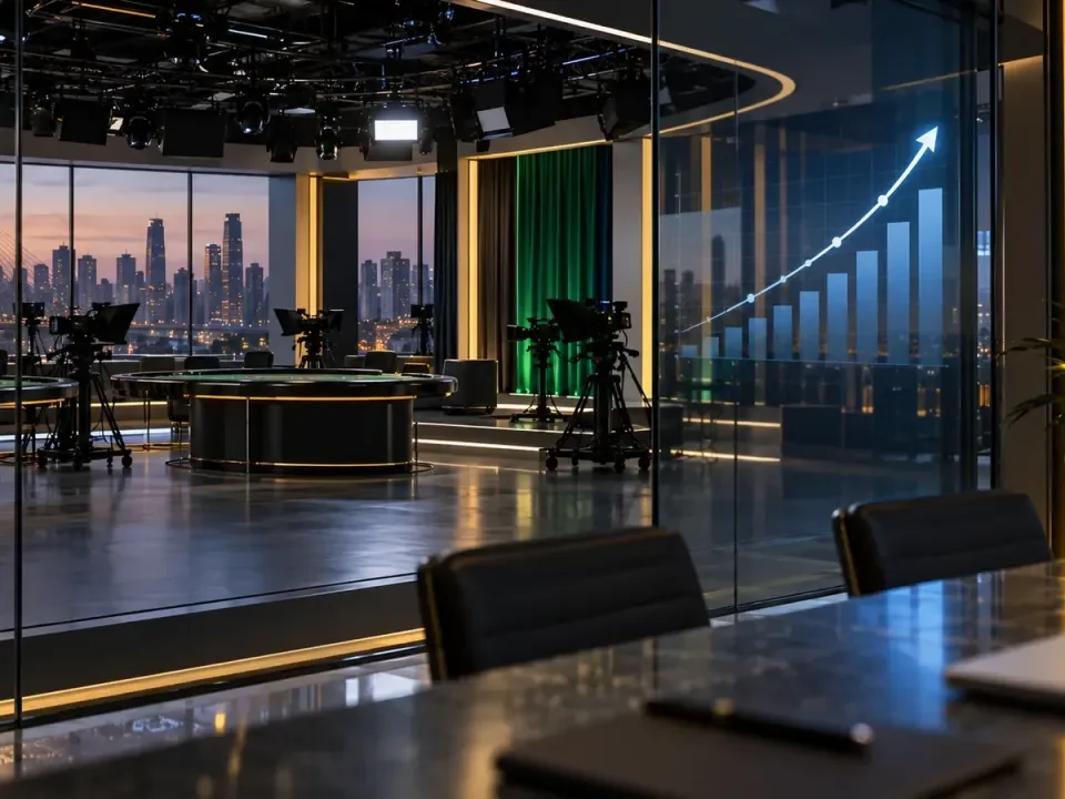 Estudio cerrado de casino en vivo en São Paulo junto a un gráfico ascendente de resultados