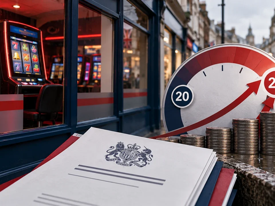 UK high street gaming venue beside an illustrated tax gauge
