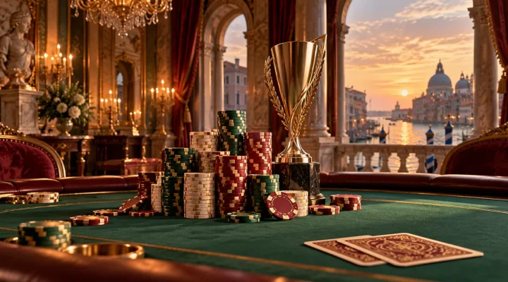 Illustration of a trophy and poker chips on a tournament table overlooking a Venetian canal