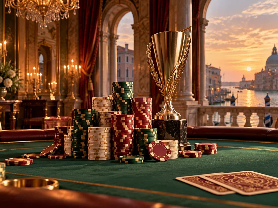 Illustration of a trophy and poker chips on a tournament table overlooking a Venetian canal