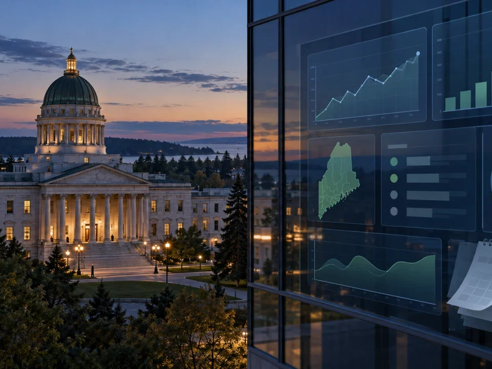 Capitolio ilustrado de Maine junto a un panel regulatorio generico y un calendario