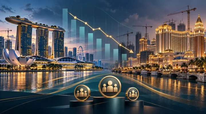 Illustrated Singapore and Macau resort skylines with a subdued quarterly earnings chart