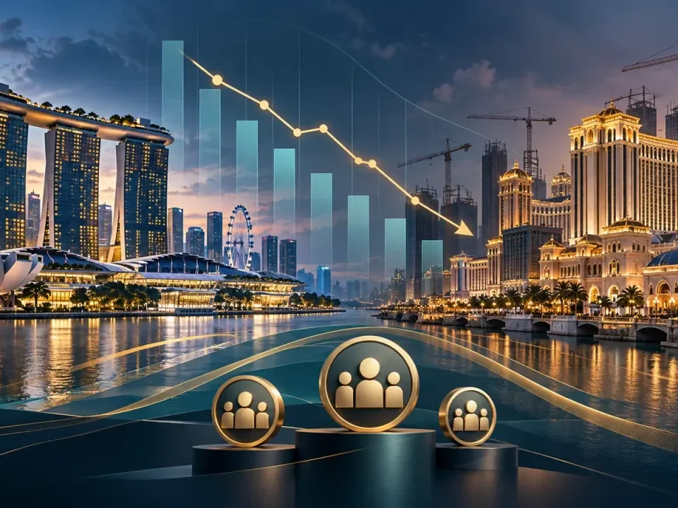 Illustrated Singapore and Macau resort skylines with a subdued quarterly earnings chart