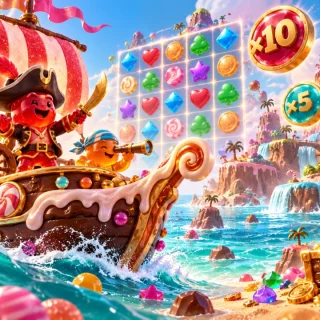 Gummy pirates sailing through a bright candy archipelago