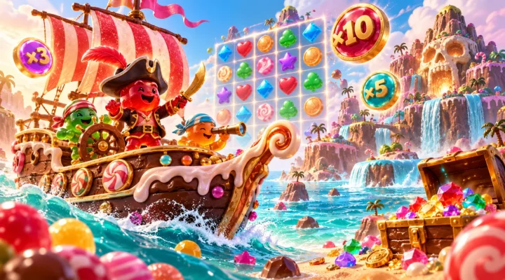 Gummy pirates sailing through a bright candy archipelago