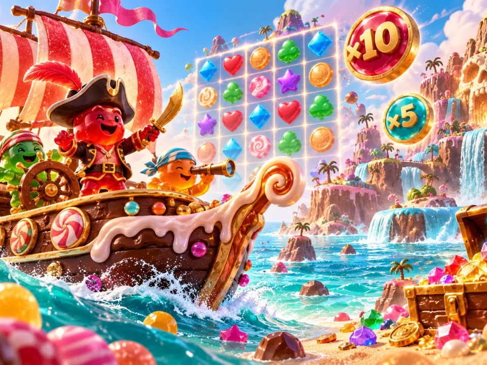 Gummy pirates sailing through a bright candy archipelago