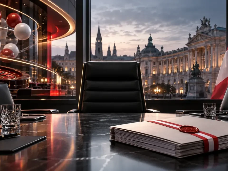 Generated Austrian boardroom with an empty executive chair, casino and lottery motifs, and a sealed concession dossier