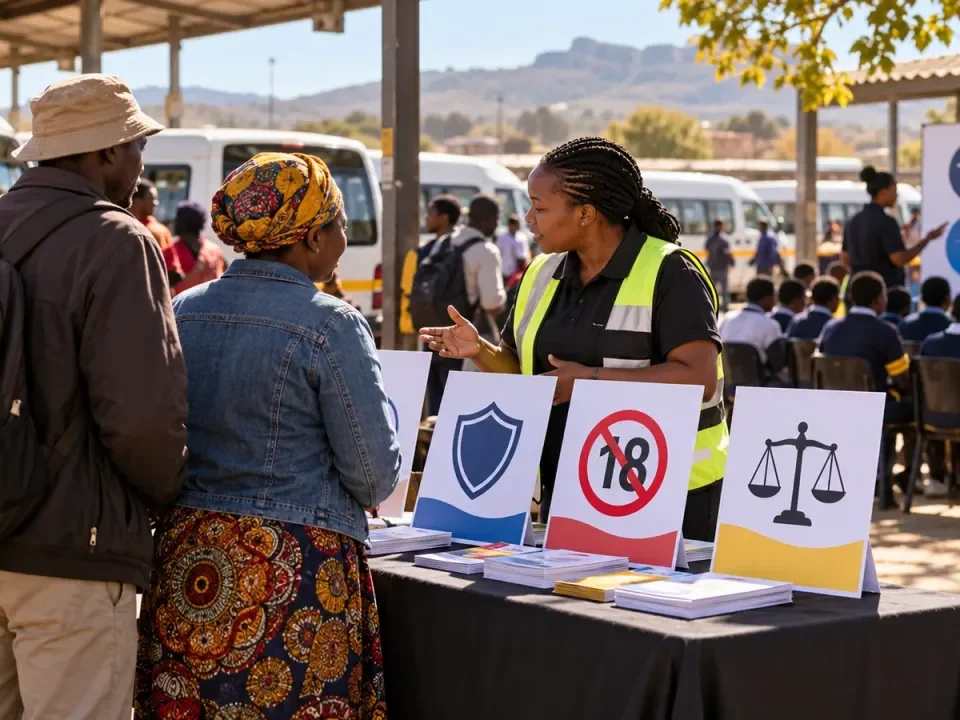 Actividad comunitaria conceptual sobre juego de menores y apuestas ilegales en una parada de taxis sudafricana