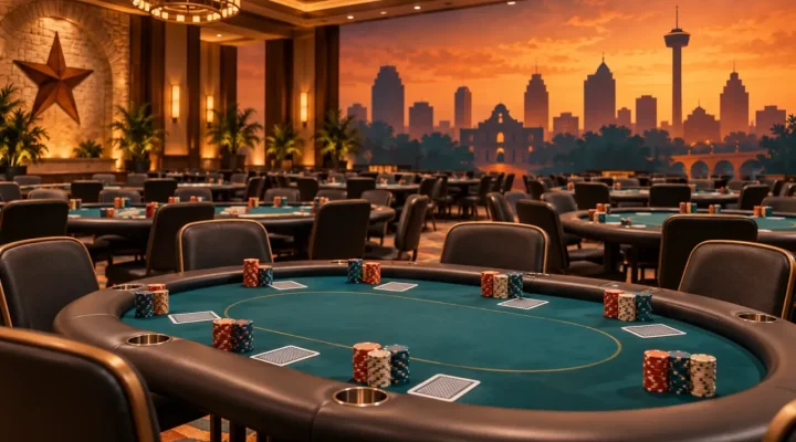 Conceptual poker tournament room with the San Antonio skyline at sunset