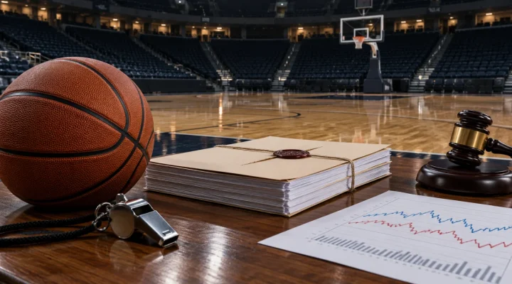 Cancha de baloncesto conceptual junto a expedientes judiciales sellados y un mazo