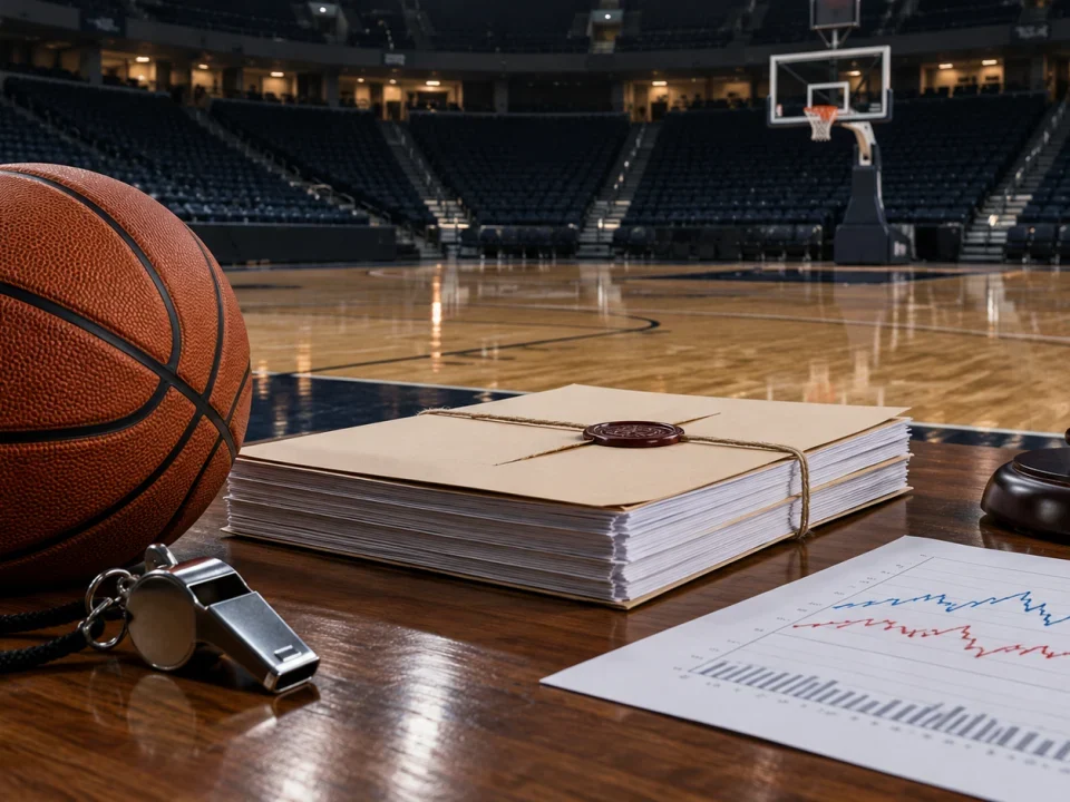 Cancha de baloncesto conceptual junto a expedientes judiciales sellados y un mazo